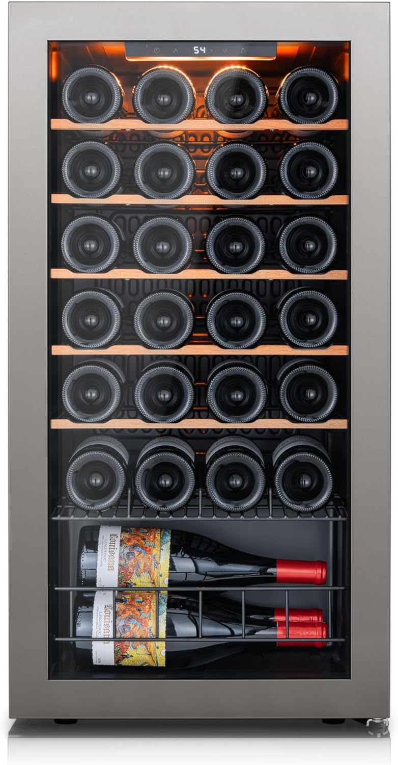 Ca'Lefort 28 Bottle Wine Fridge, Wine Cooler Refrigerator, Wine Refrigerators with Double-Pane Glass Door, 3-Color LED & Removable Shelves, 37-65℉ for Home/Bar/Office
