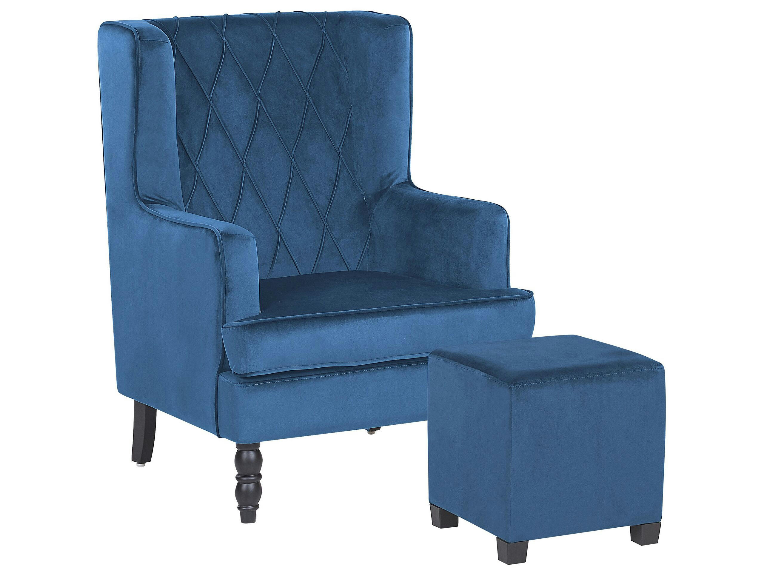 SANDSET - Fauteuil bergère en velours bleu avec repose-pieds assorti