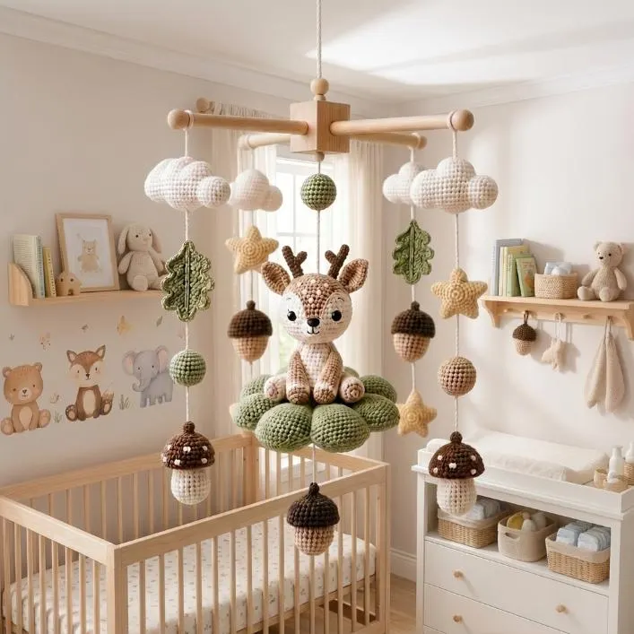 Crochet Deer Baby Mobile, Woodland Crib Mobile, Forest Nursery Mobile, Handmade Baby Mobile, Woodland Nursery Decor, Baby Shower Gift