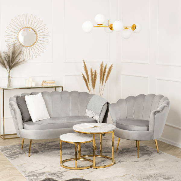 Zestaw Sofa Szara i Fotel Szary Muszelka Meble Wypoczynkowe Glamour Złote