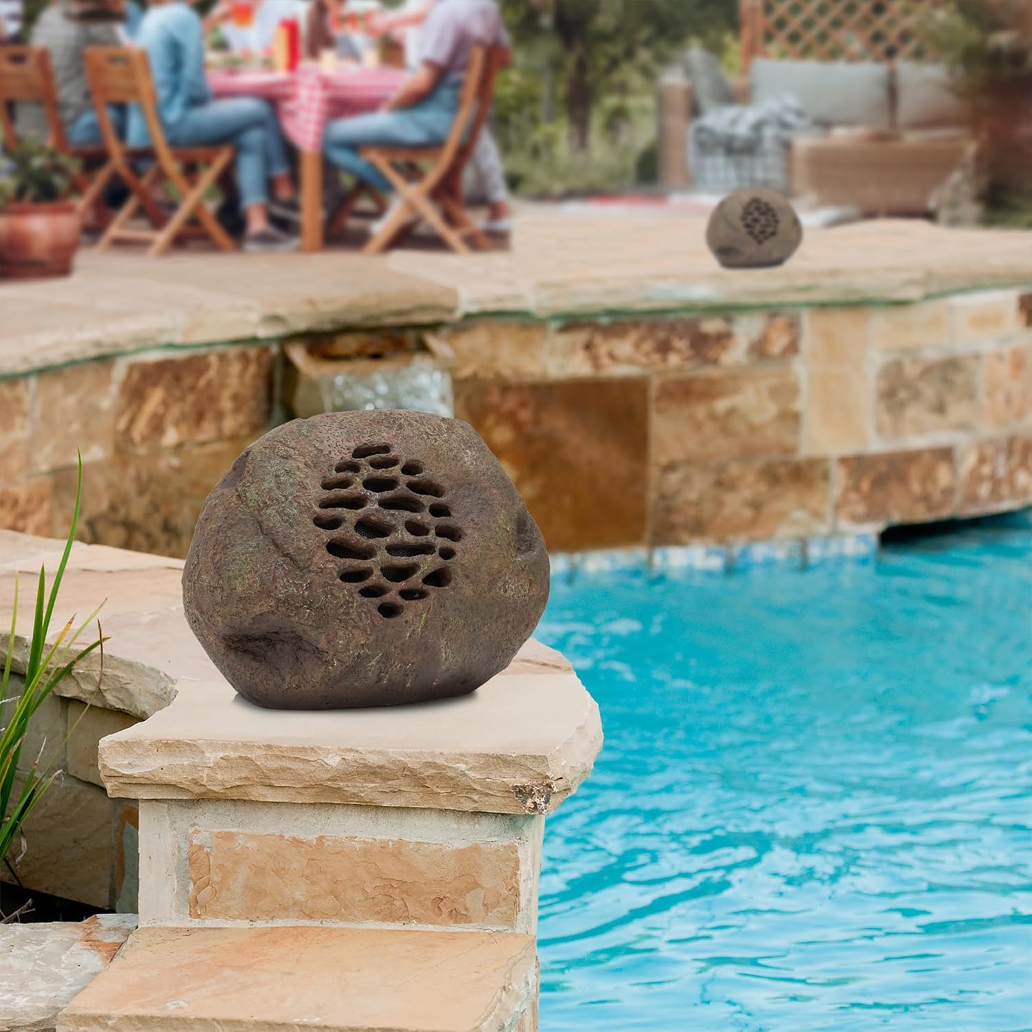 Alpine Corporation 9 Tall Solar Bluetooth Rock Speaker, Weather-Resistant High Fidelity Outdoor Audio System with 50 Foot Range, Brown - Set of 2