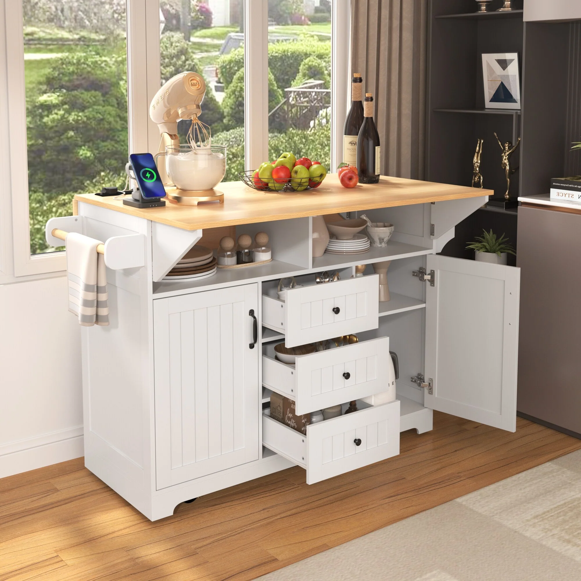 Rolling Kitchen Island with 2 Folding Drop Leaf, Wooden Cupboard Spice Storage Cabinet Pantry with Towel Rack and 3 Drawers