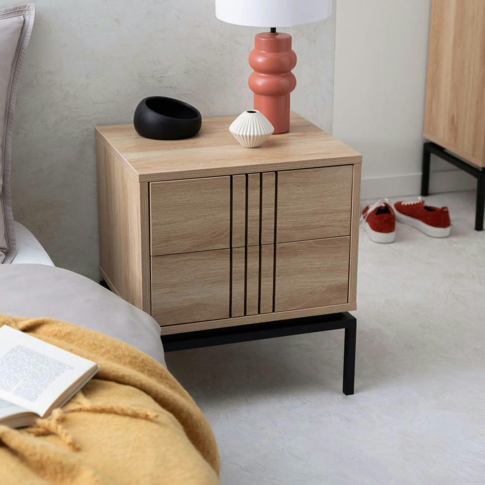 KROKOM - Table de chevet 2 tiroirs en métal et bois clair