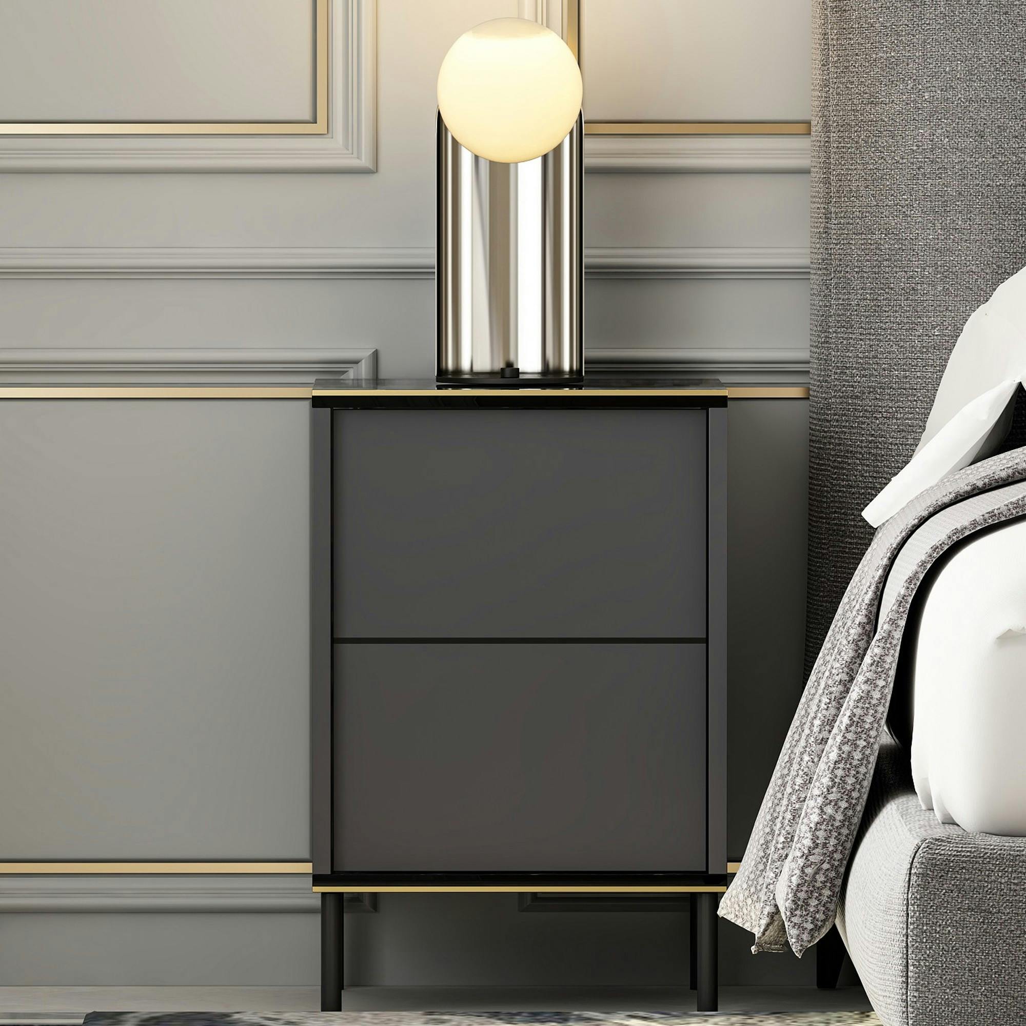Table de nuit moderne chic gris foncé, plateau marbré BYRON