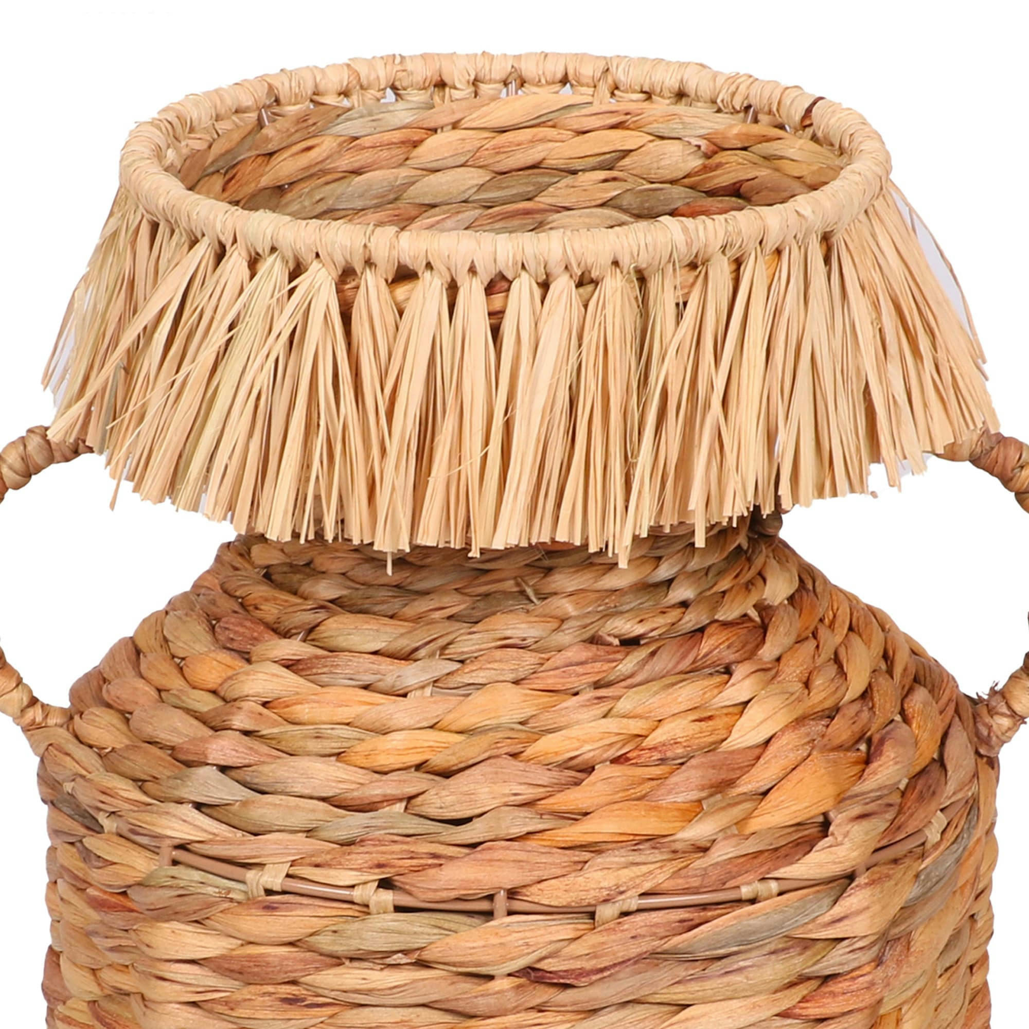 - Panier déco tressé en jacinthe d'eau avec frange et anses - 22x22x30cm