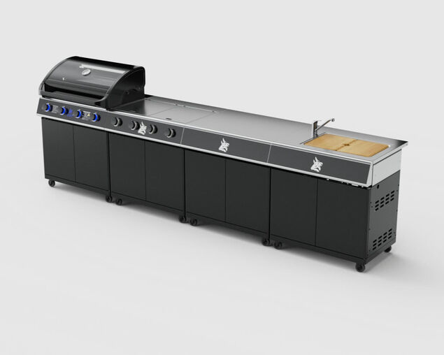 Beefmaster Premium 4 Burner Outdoor Kitchen with Range, Sink & Bench on Classic Carts