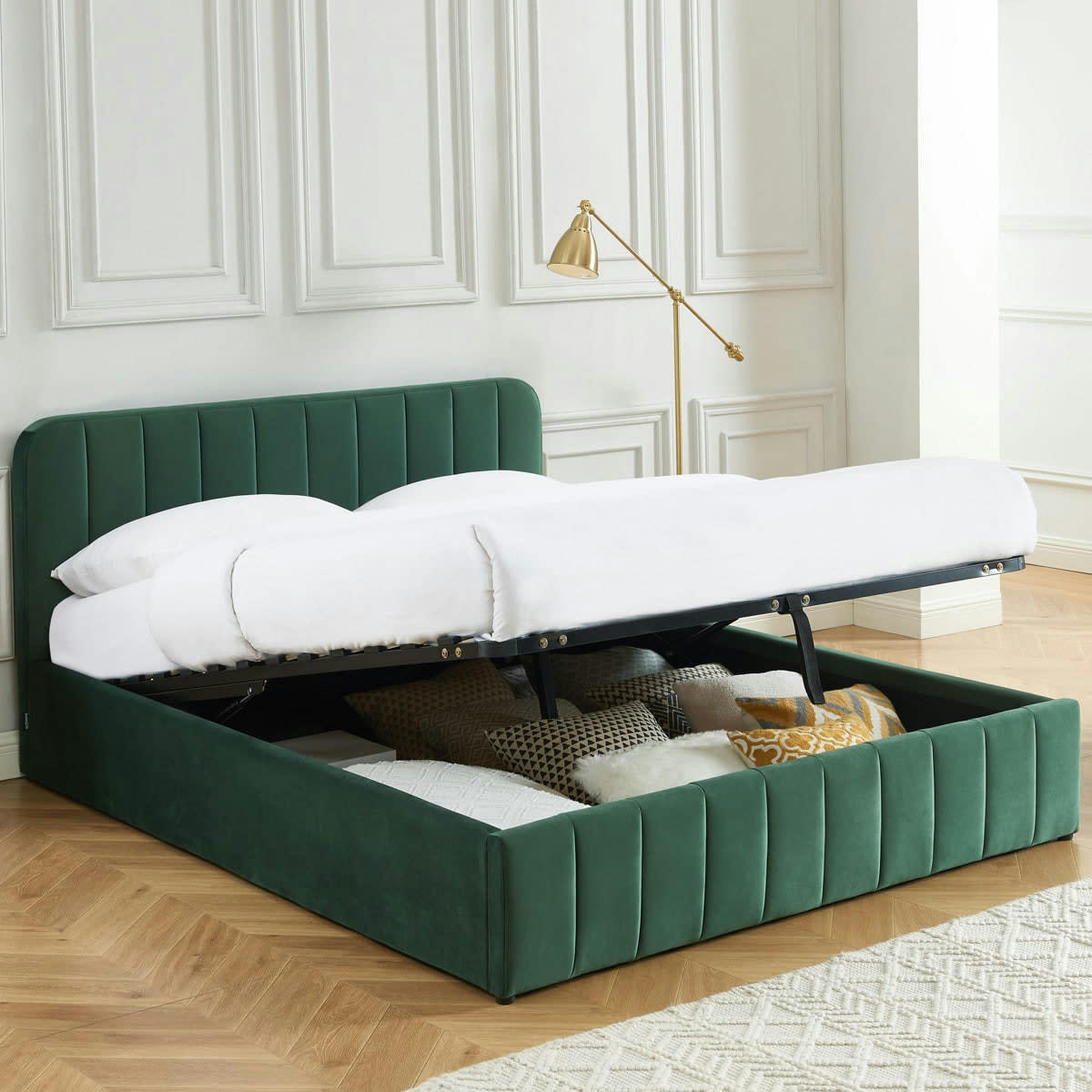AVA - Lit coffre 160x200 en velours vert + tête de lit + sommier à lattes