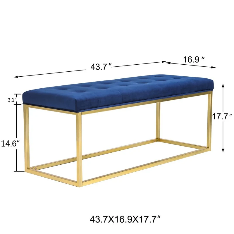 Adeco Blue Upholstered Tufted Velvet Ottoman Bench,Golden Metal Base