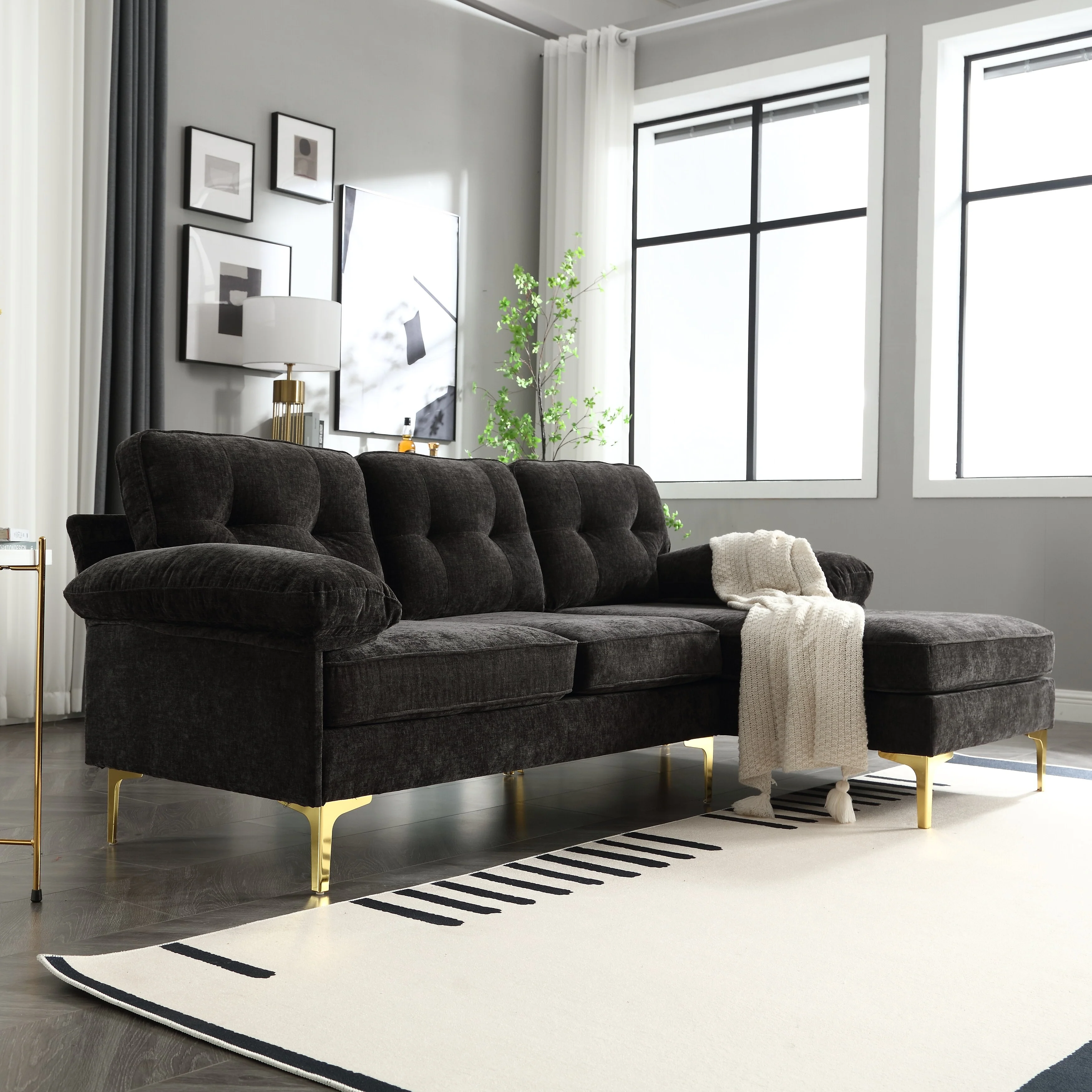 Black 85'' L-Shaped 3-Seater Fabric Sofa with Chaise, Wooden Frame, and Spring Cushion Reinforcement