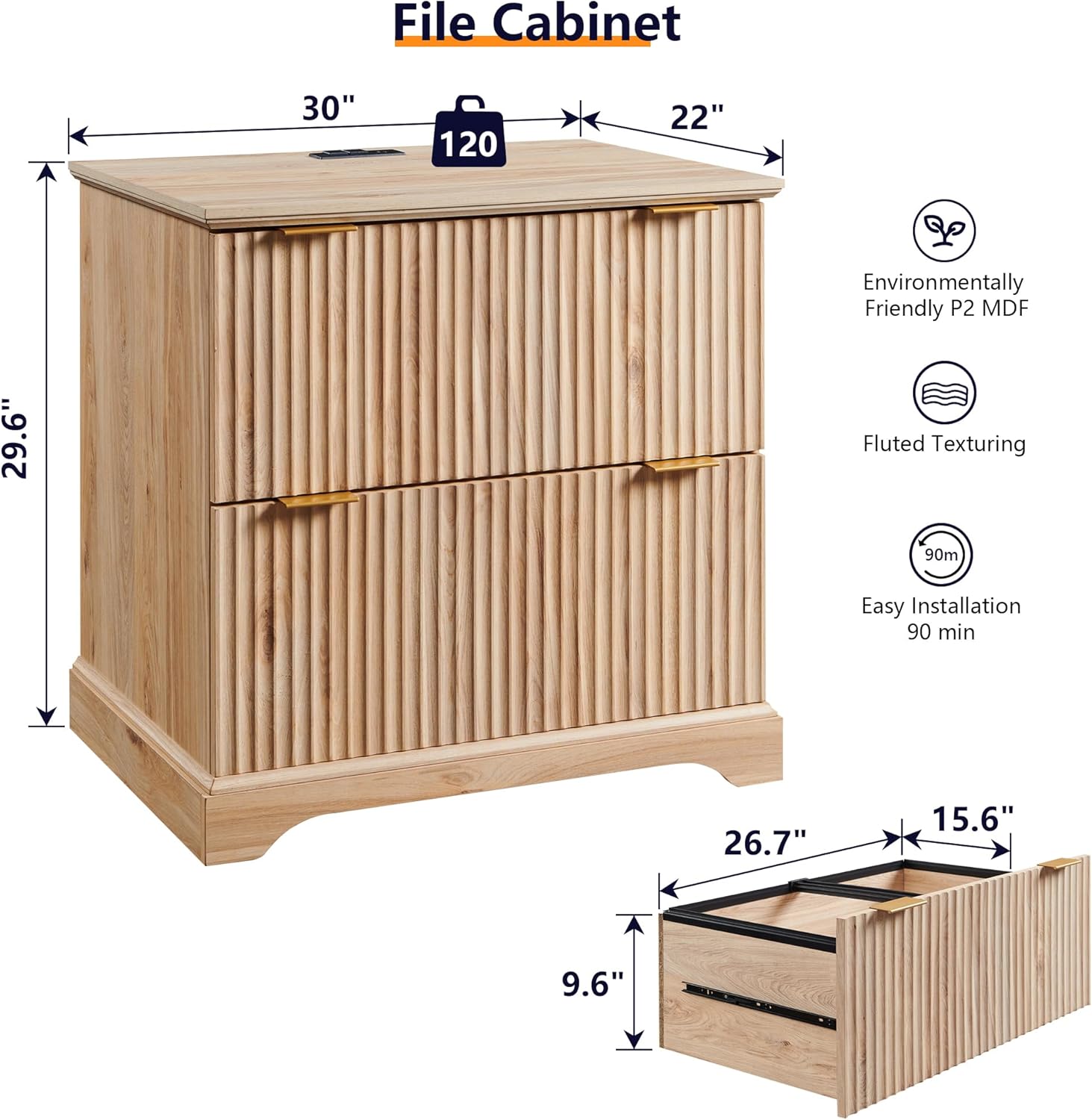 JXQTLINGMU 2 Drawer File Cabinet with Charging Station, 30 Fluted Lateral File Cabinet w/Files Hanging Rod for Letter/Legal/A4, Large Tabletop for Printer, Office Wood Printer Cabinets, Oak