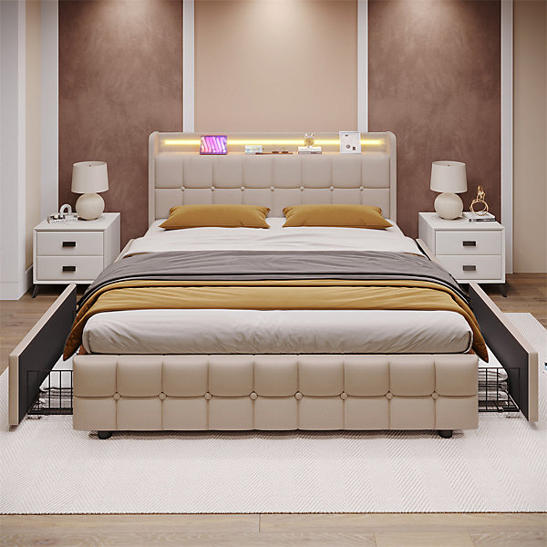 Lit rembourré 160x200 cm lit de rangement lit 4 tiroirs lit éclairage led lit sommier à lattes en bois lit double lin beige