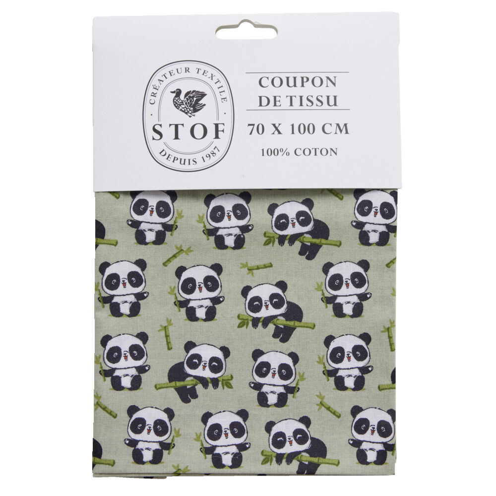 Coupon tissu imprimé panda 70x100cm coton vert, noir et blanc