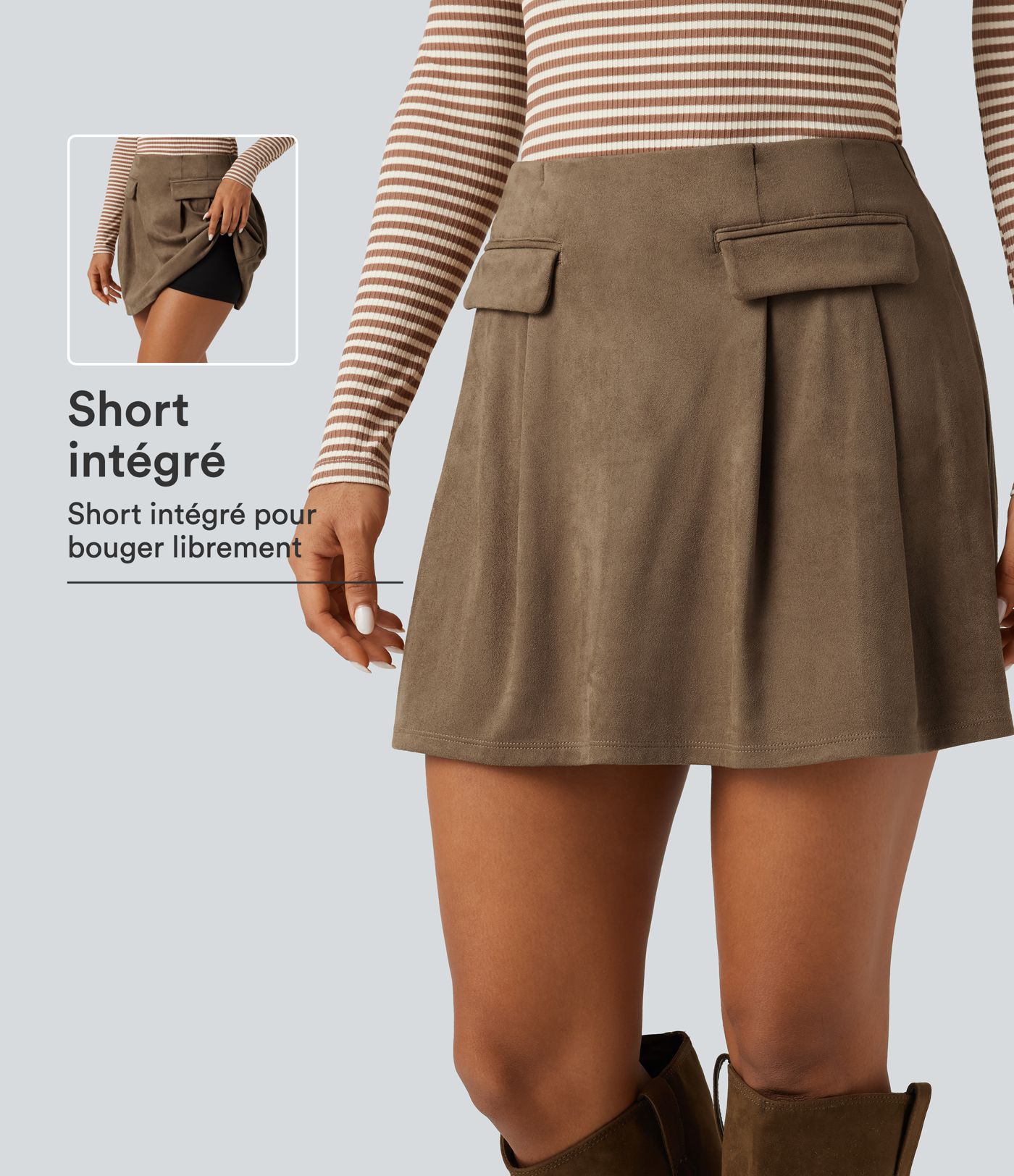 Jupe-short mini en suédine taille haute coupe trapèze