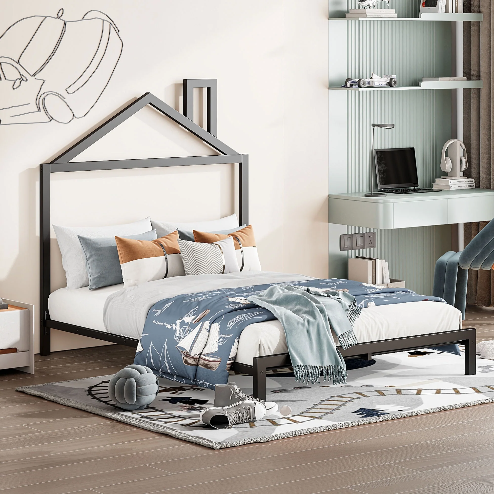 Full Size Metal House-Shaped Platform Bed with Chimney Design and No Box Spring Needed