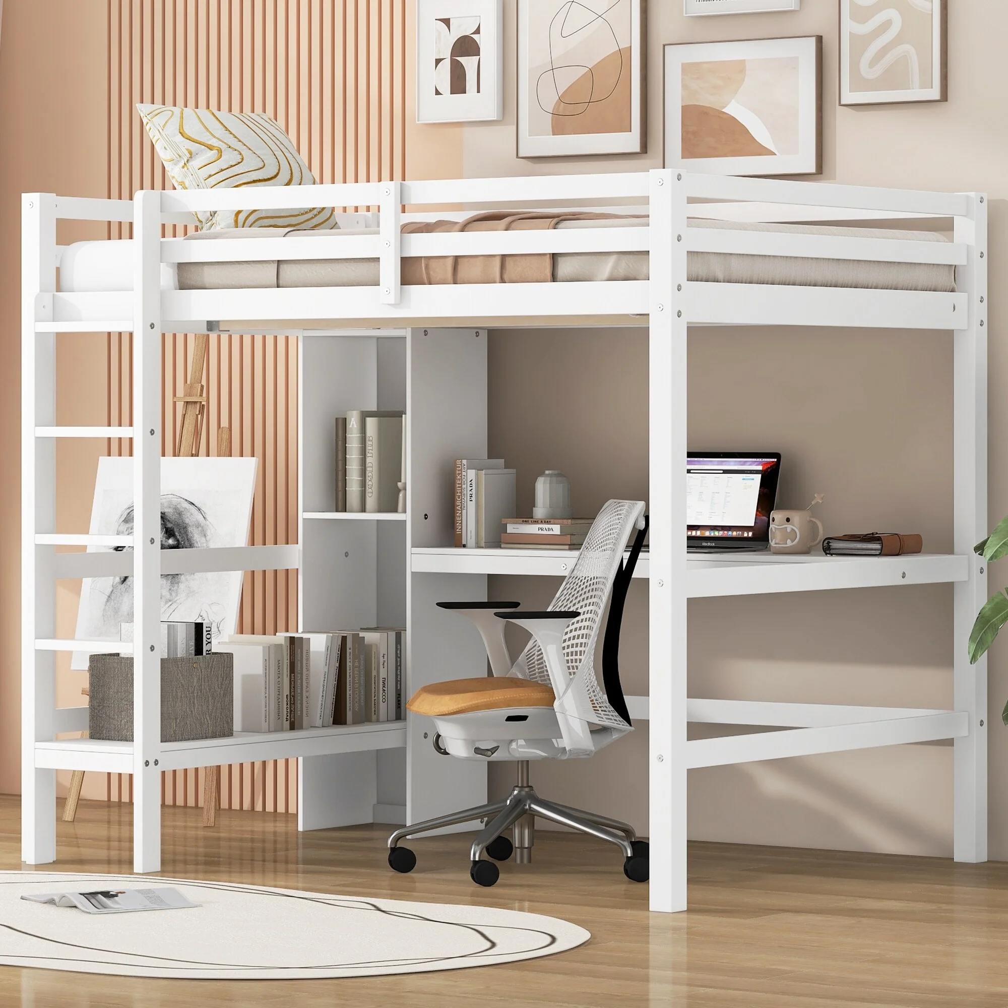 Full Size Loft Bed with Multifunction Shelves and Under-bed Desk