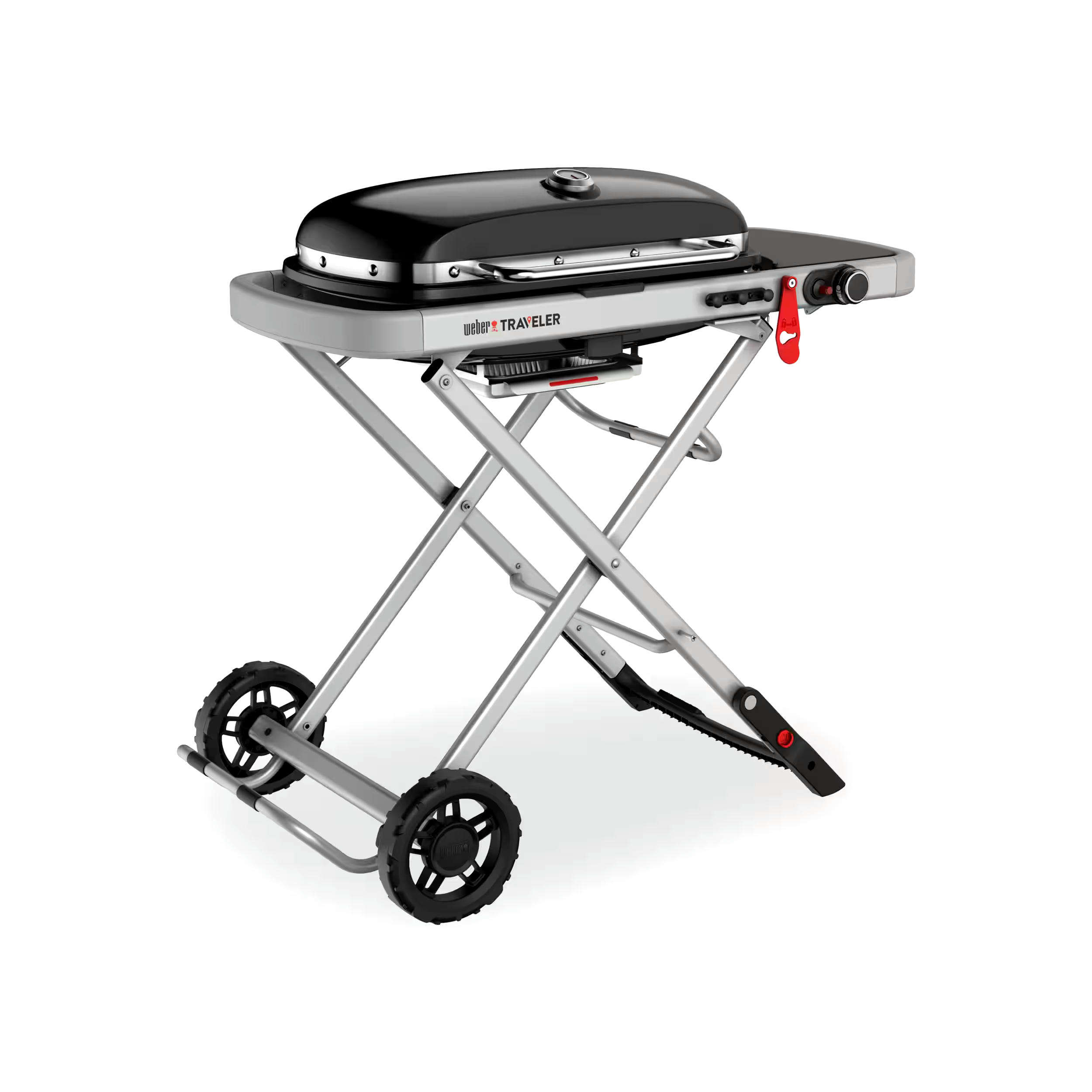 Weber Traveler RV Portable Single Burner Propane BBQ Grill with Steel Folding Cart