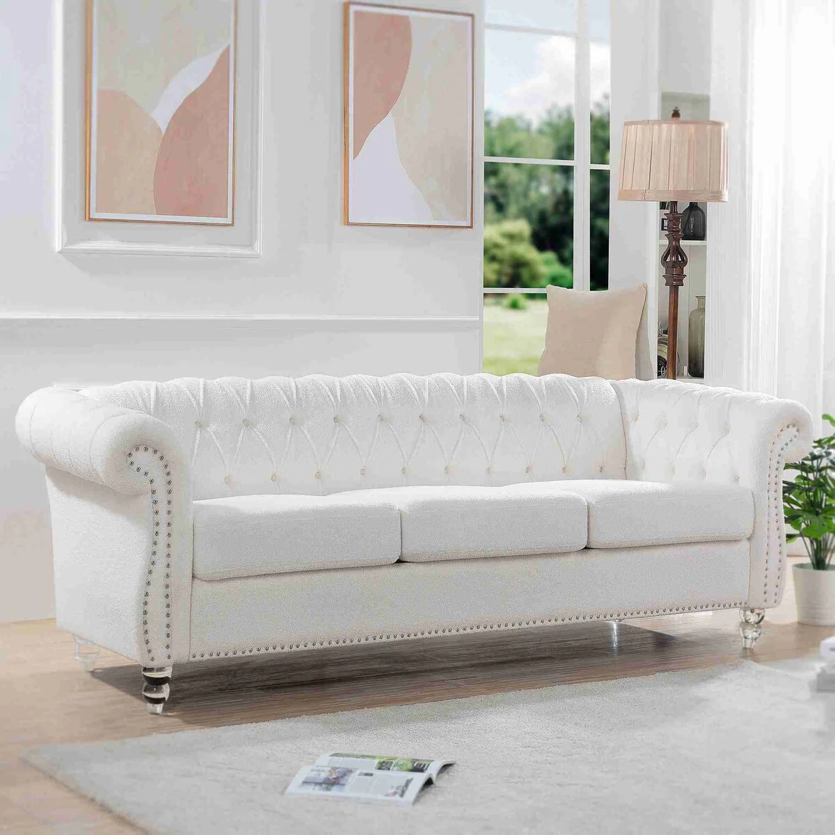 84 White Rolled Arm Chesterfield 3 Seater Sofa Couch