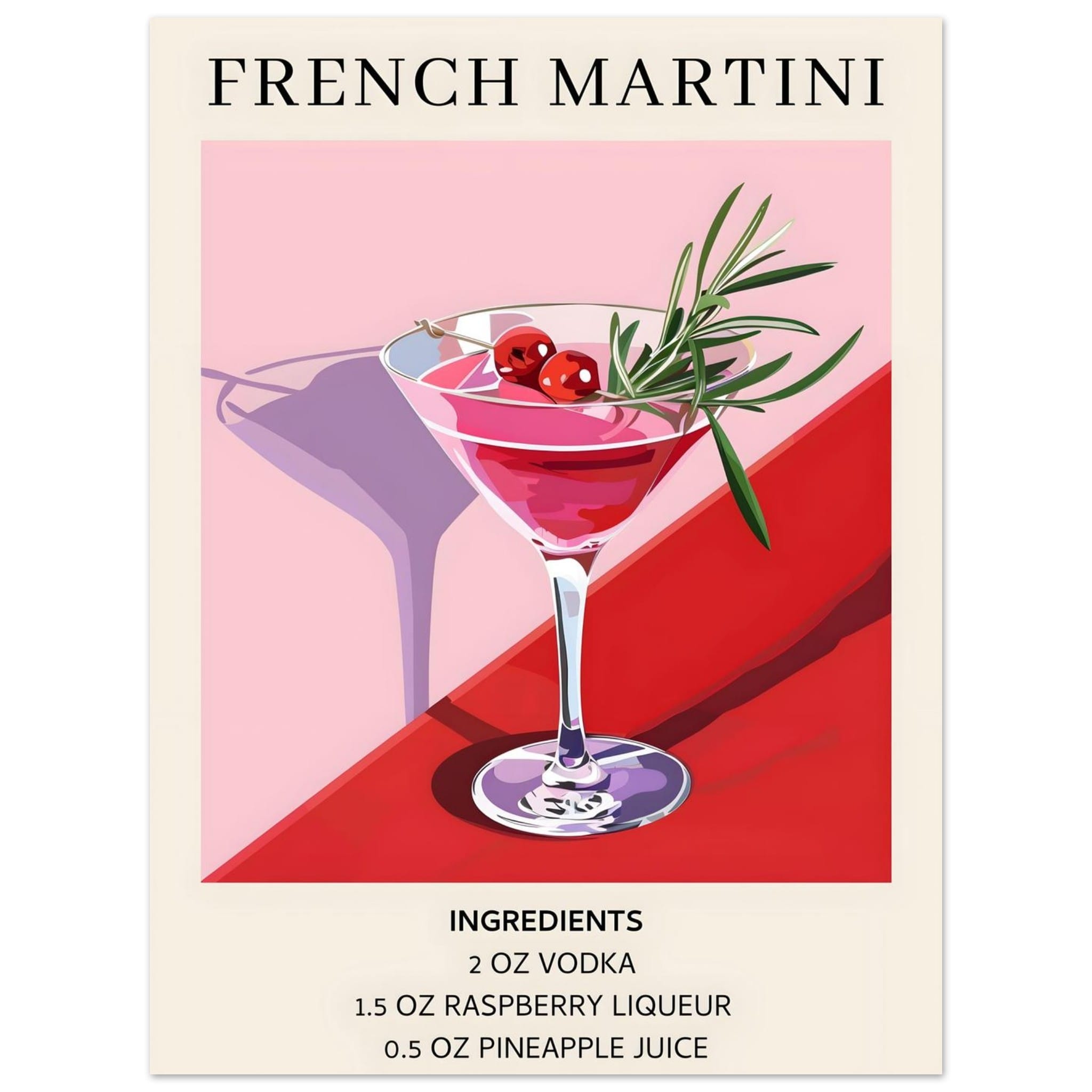 Artfulprints Poster French Martini cocktail - Ingrediënten  - 30x40 cm - Roze