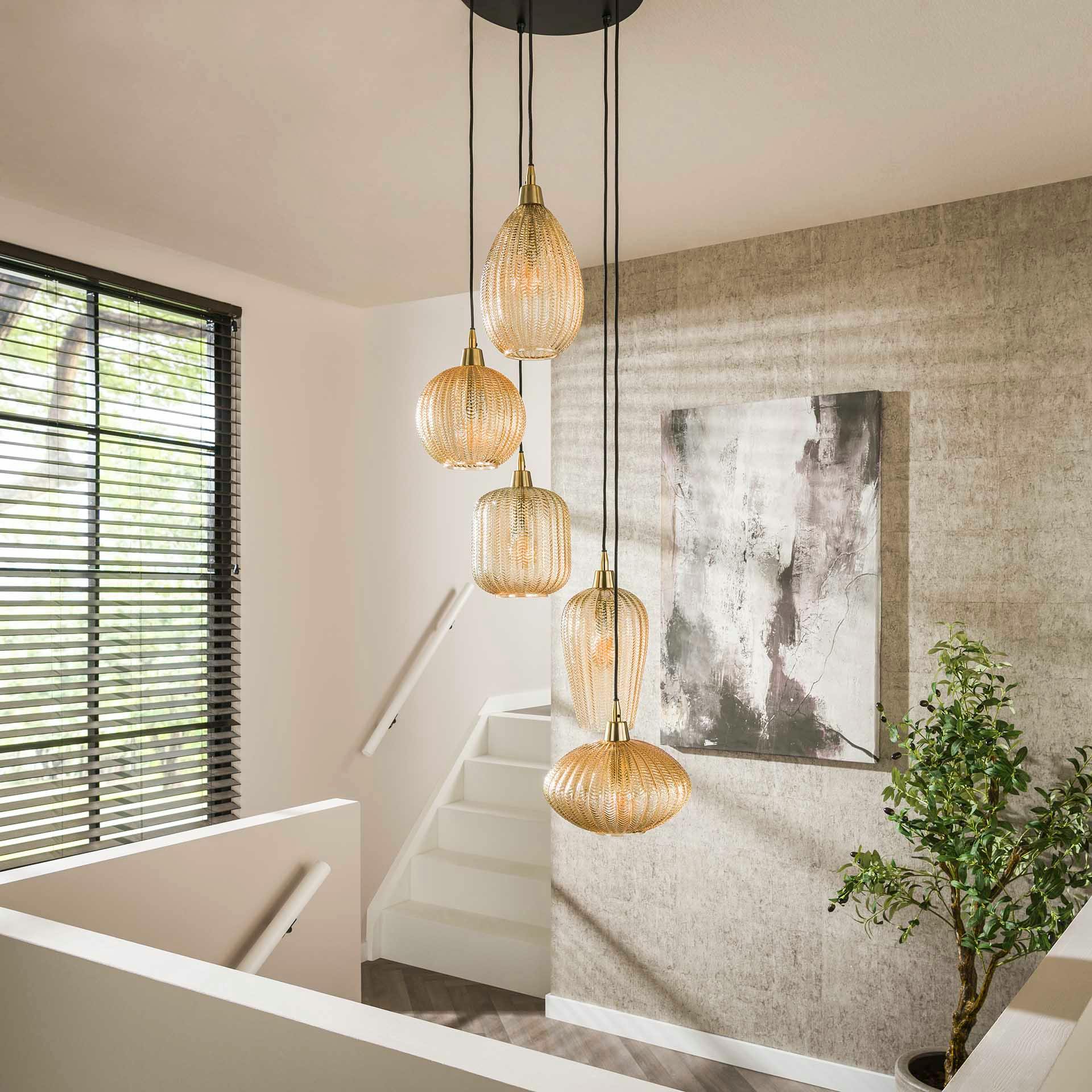 Suspension en verre ambré 5 lampes NOVA