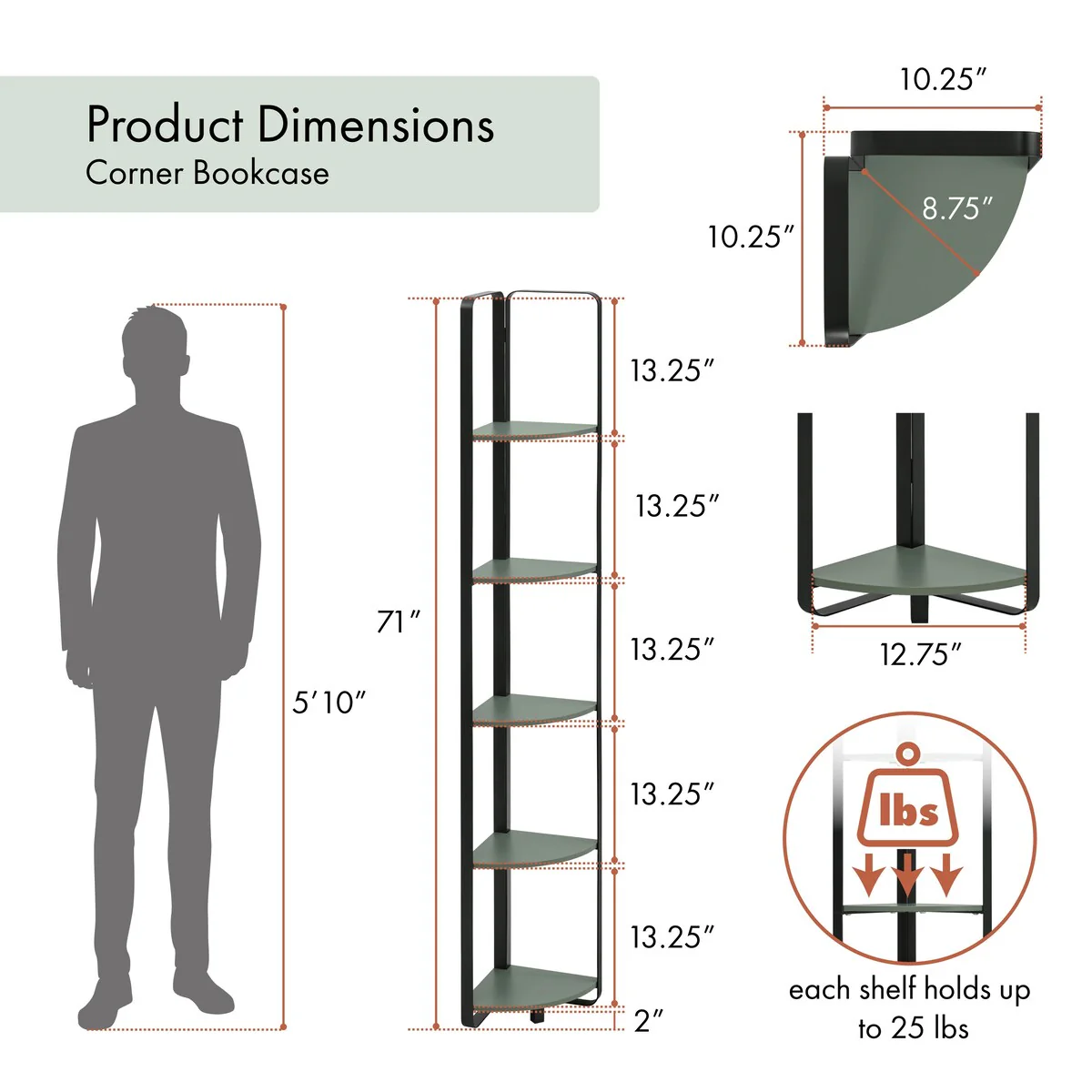 Furniture of America Elowen Modern 5-Shelf Corner Bookcase with Flat Metal Legs