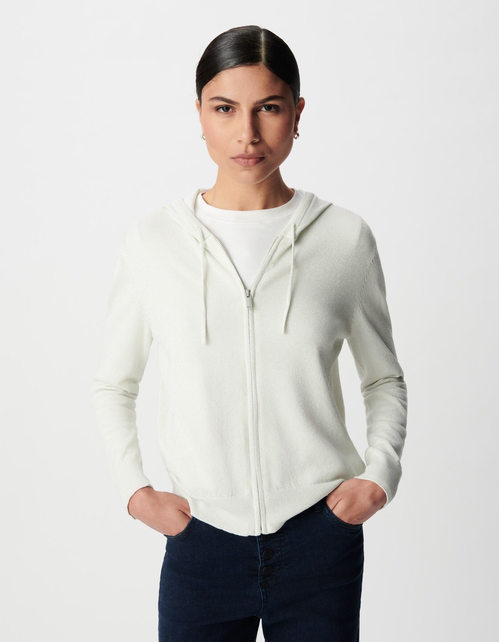 Cardigan blanc tricot pailleté motif chevrons ajouré dos Femme