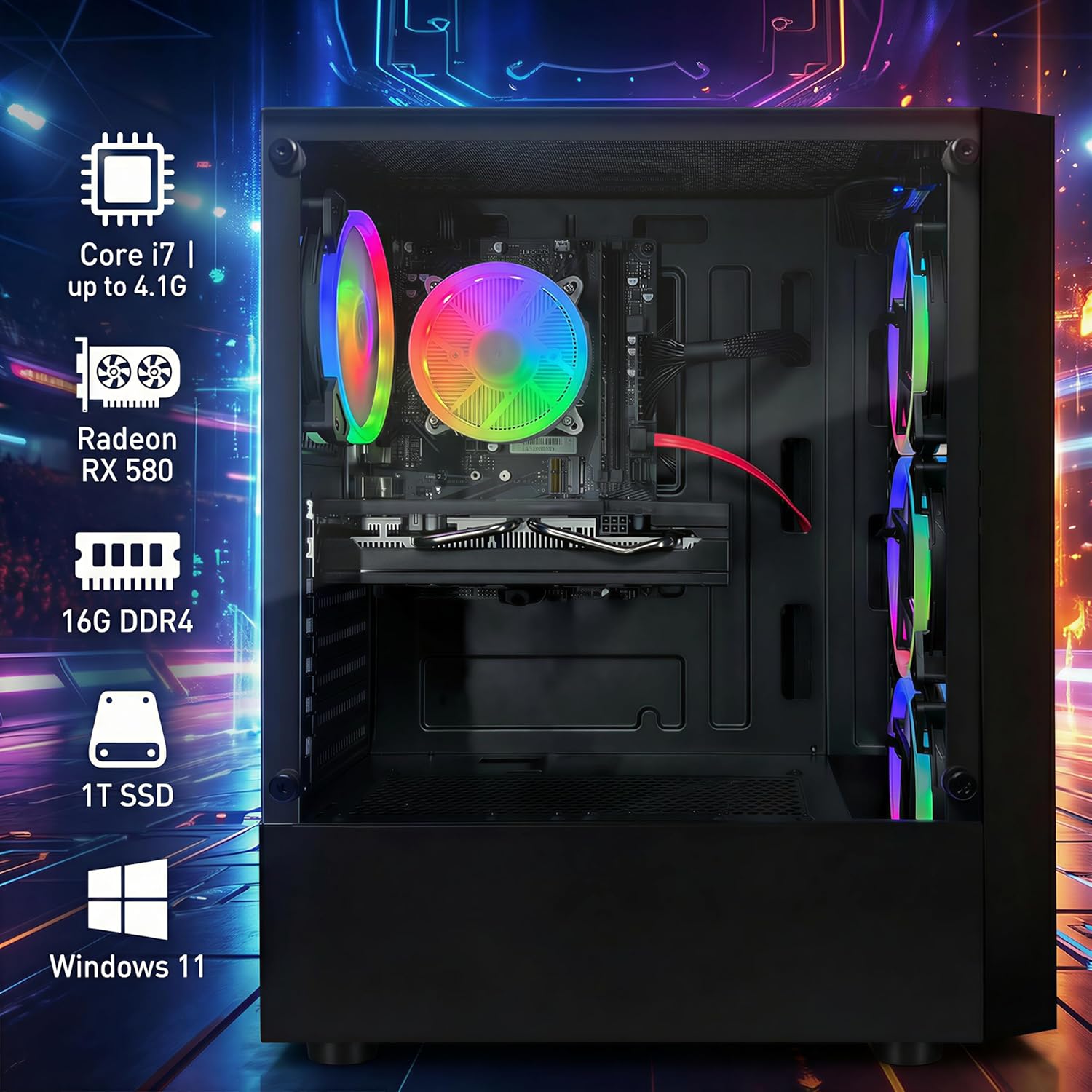 STGAubron Gaming PC Computer Desktop  Radeon RX 580 8G  Intel Core I7 8th up to 4.1GHz  16G DDR4  1T SSD  WiFi 6 & BT 5.2  RGB Fan x4  Windows 11 Home