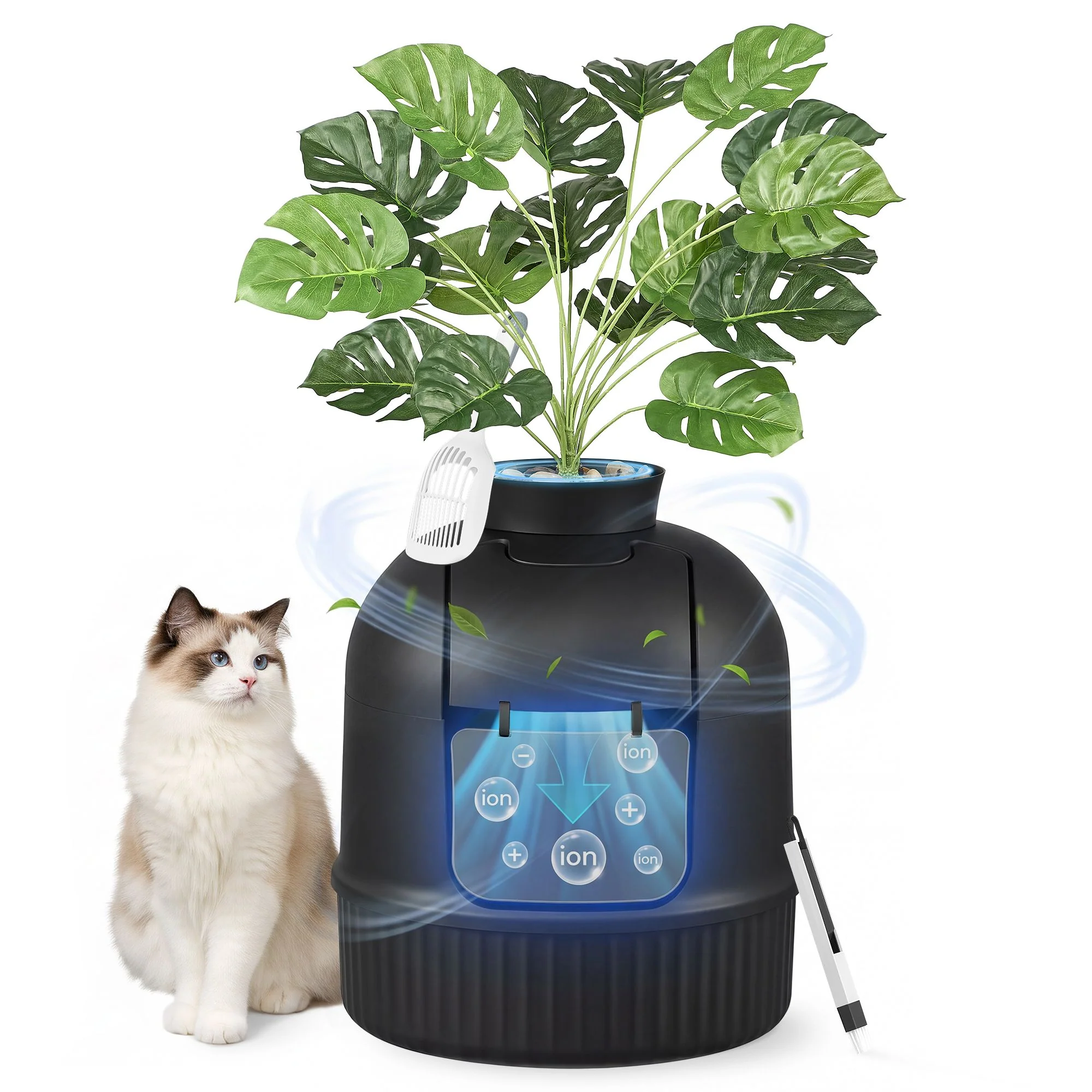 Feandrea Meuble Litière Chat, avec Fausse Plante, Bac à Litière pour Chat avec Porte, Filtre à Charbon, Contrôle des Odeurs, Galets Décoratifs, Pelle, Brosse, Noir d'encre PPT006B101