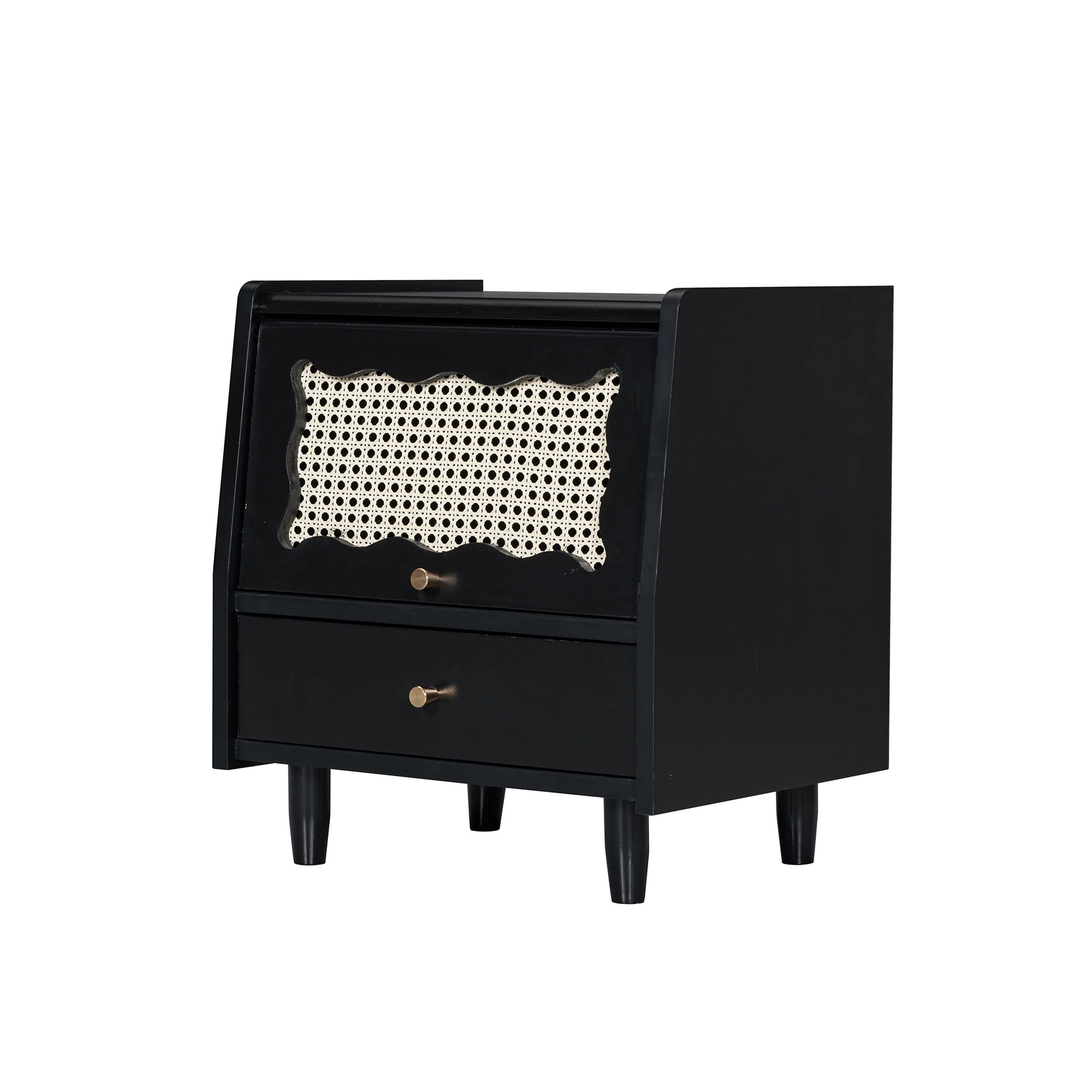 Wooden Nightstand With Rattan-Woven Storage Cabinet And 1 Drawer