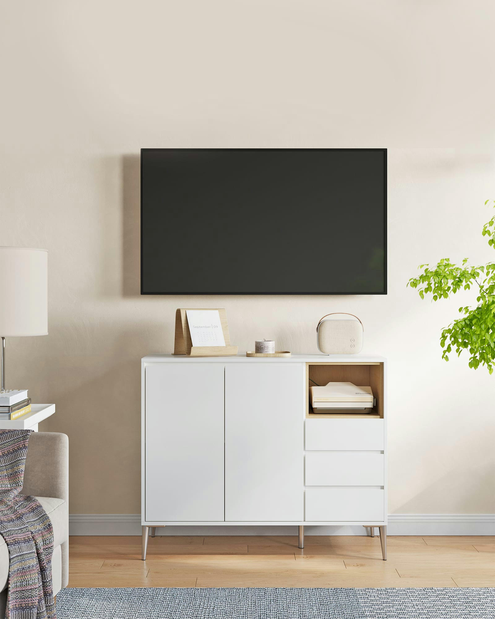 - Buffet effet bois 2 porte 3 tiroirs compartiment ouvert blanc nuage