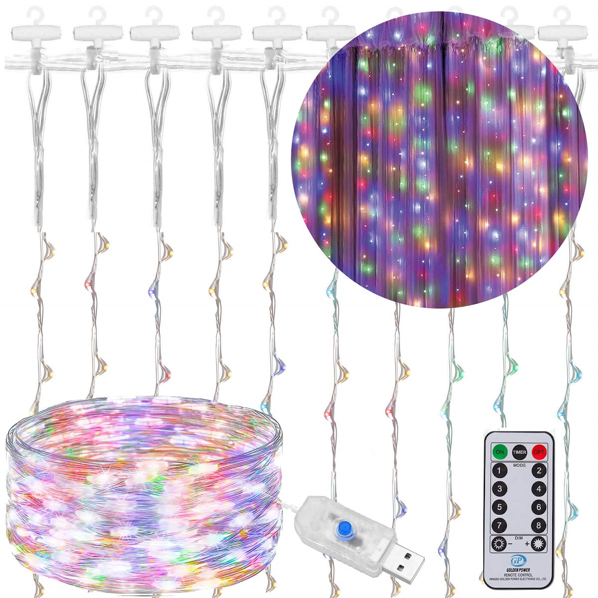 Kurtyna świetlna lampki druciki 300LED zewnętrzne multikolor