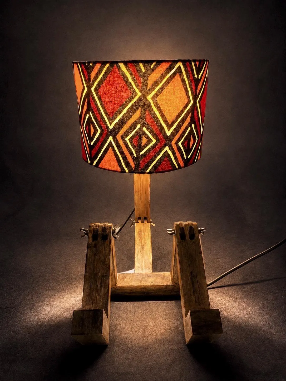 Adjustable Wooden Table Lamp with African-Inspired Geometric Fabric Shade – Handmade Articulated Boho Desk Light