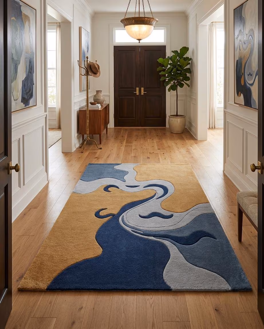 Mustard Navy Abstract Hand Tufted Rug, Modern Mid Century Wool Area Rug, Custom Size Decor