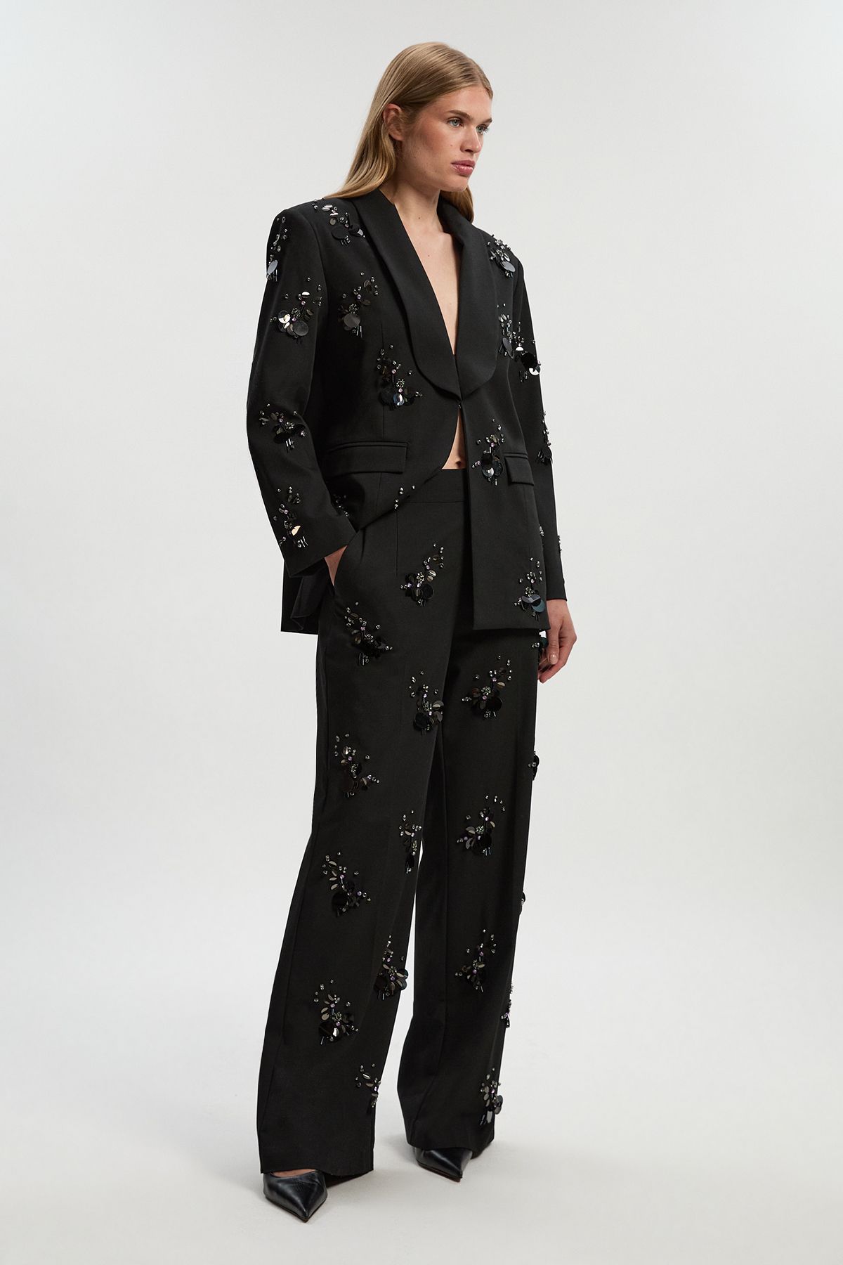 KarenMillen Cluster Sequin & Crystal Embellished Tailored Wide Leg Trouser