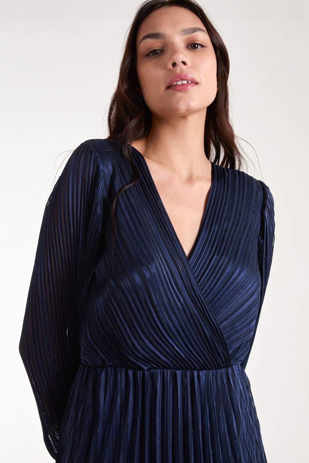 Blue Vanilla Metallic Wrap Front Plisse Midi Dress