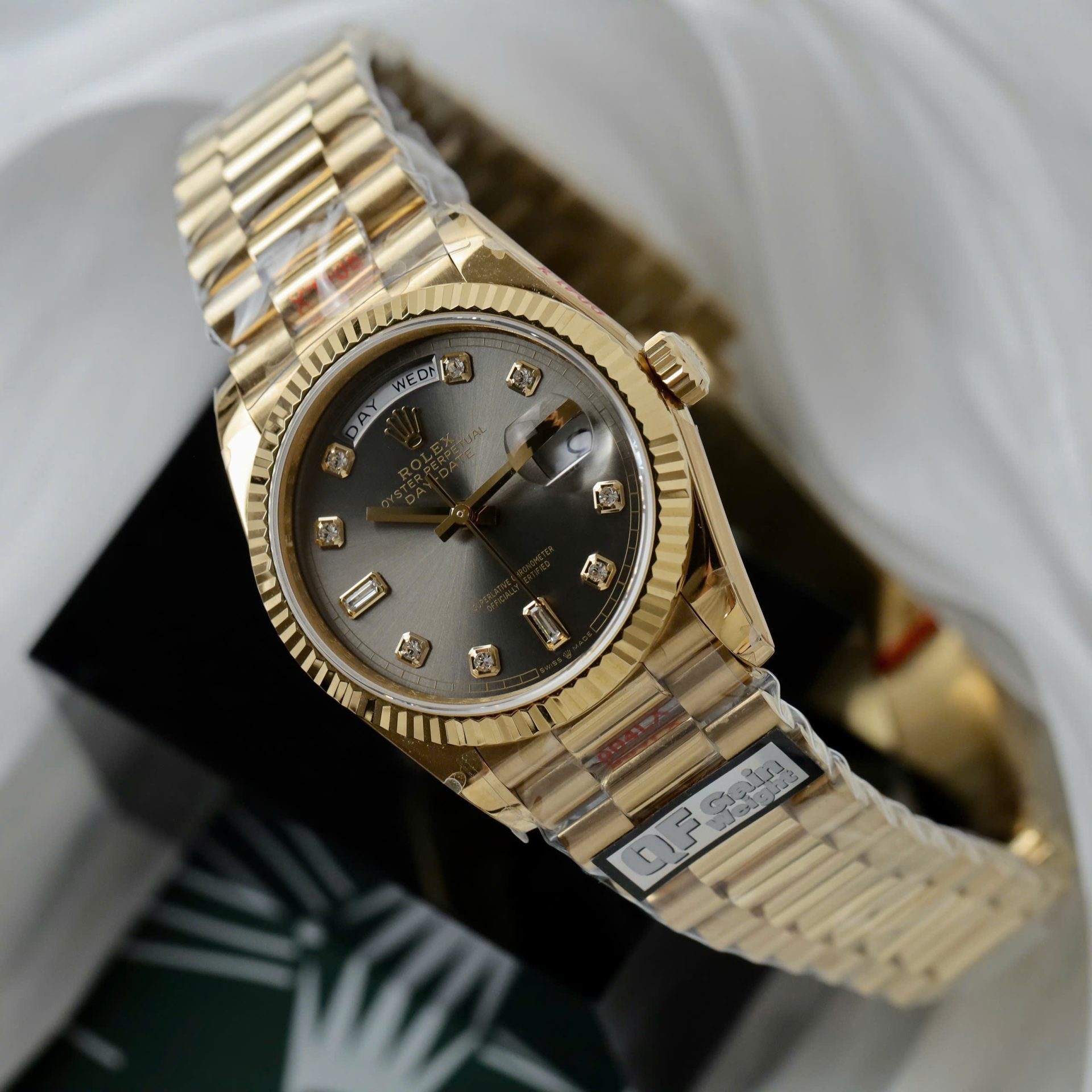 Rolex Day-Date 128238 YG Plated Grey Dial CZ Diamonds 36mm Super Clone
