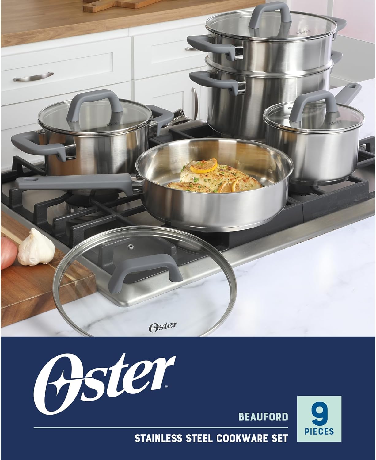 Oster Beauford 9-Piece Stainless Steel 5-Ply Encapsulated Base Cookware Set – Non-Toxic, Induction Compatible Pots and Pans with Stay-Cool Handles – Dishwasher Safe