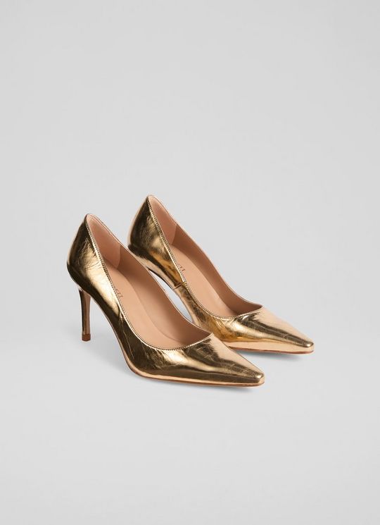 New Floret Gold Leather Pointed Toe Courts