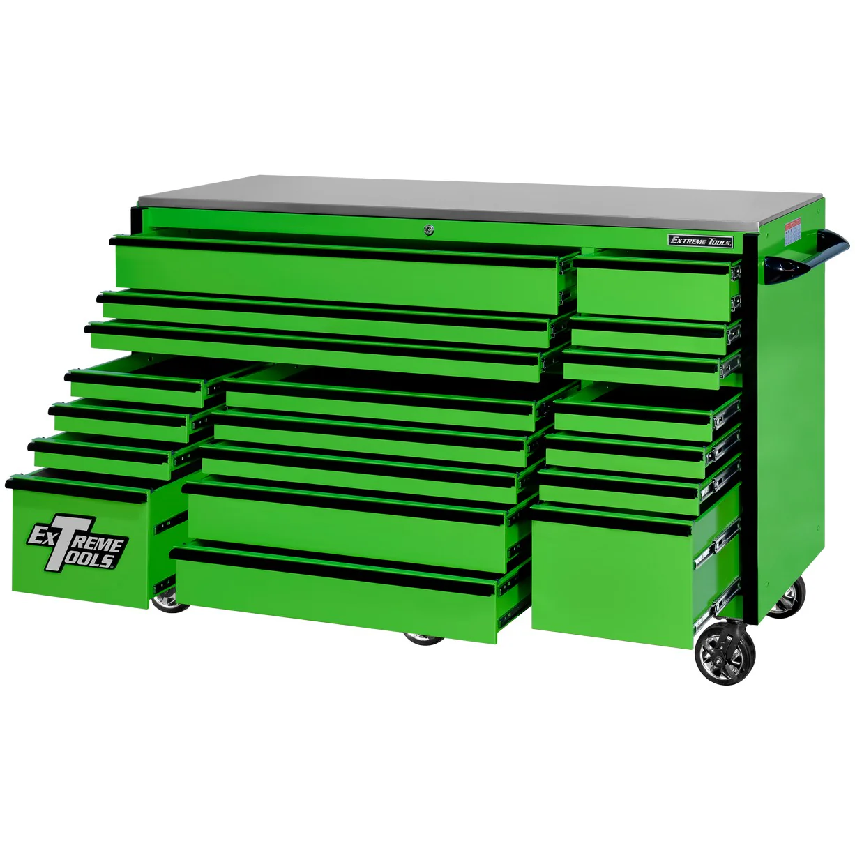 Extreme Tools 72�� x 30��, 19 Drawer Roller Cabinet with 250 lbs. drawer slides, RX 250 Series(Green - Black)