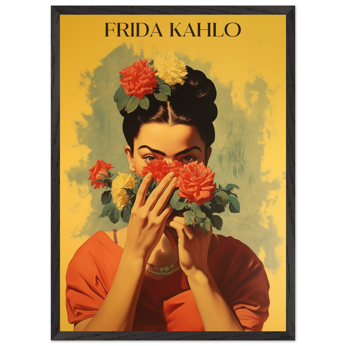 Artfulprints Poster met Lijst Frida Kahlo - Behind the bloom  - 50x70 cm - Geel