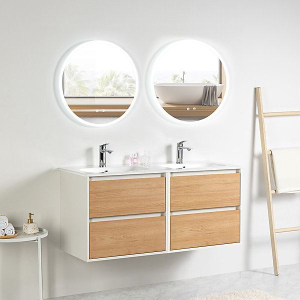 Ensemble Meuble prémonté 120 blanc effet bois-Vasque céramique-Miroirs JOY - bain-bain