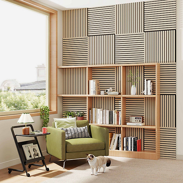 Lot de 4 Panneaux Muraux Décoratifs Acoustiques Bois MDF 60x60cmChêne clairAntiBruit, Facile à Poser