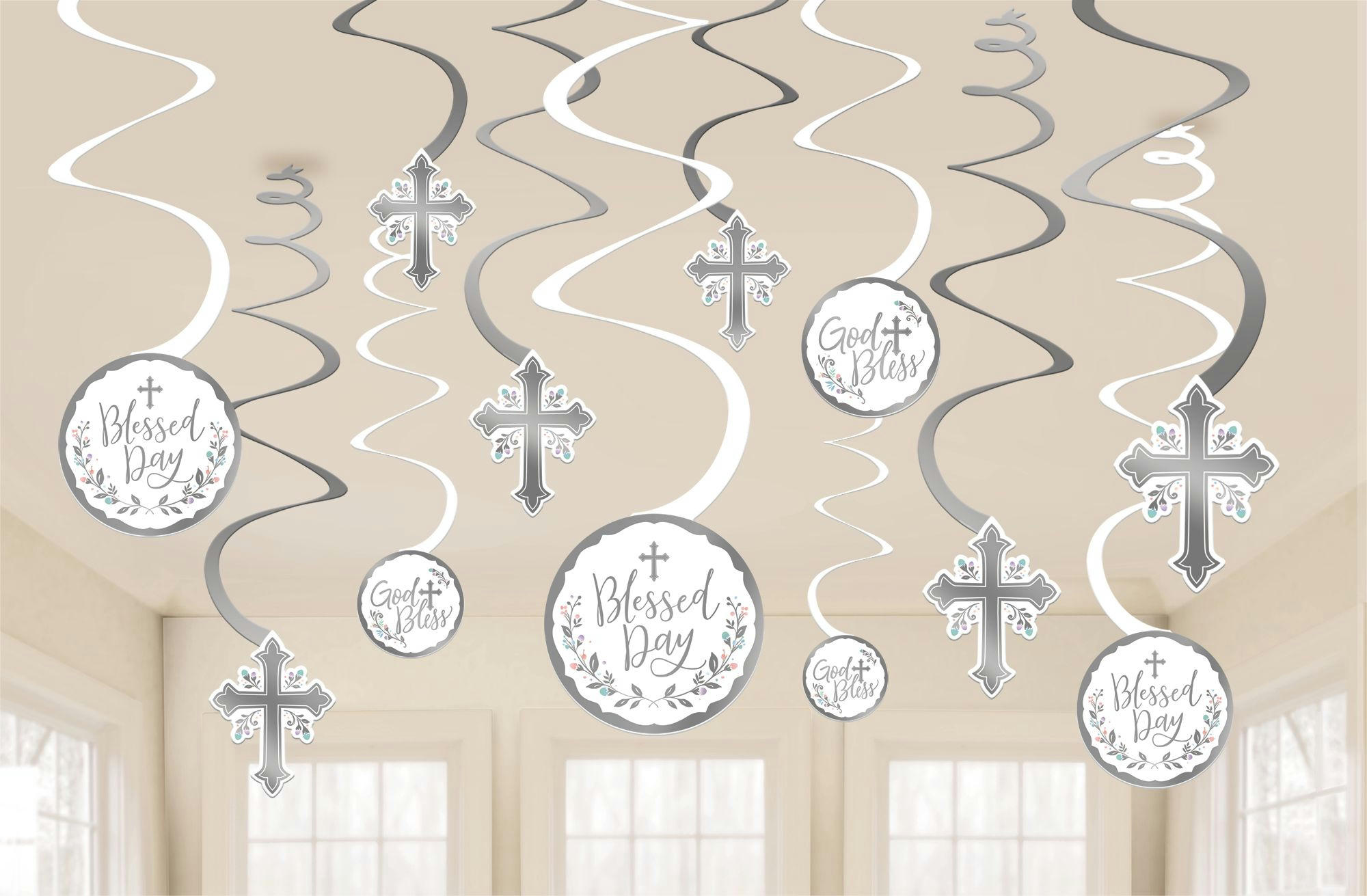 Silver Cross Holy Day Swirl Hanging Decorations, 12-pc