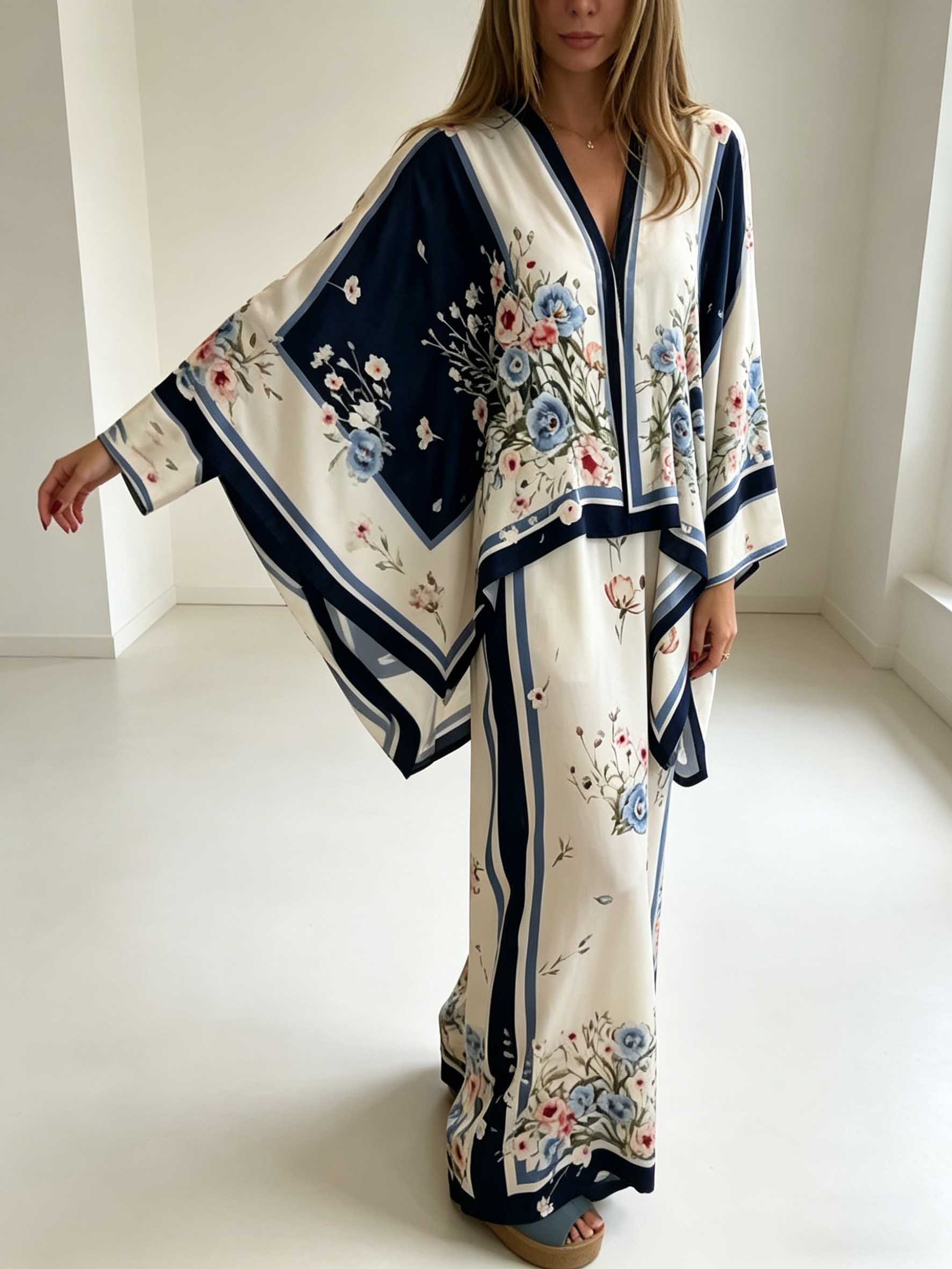 Exquisite Satin Print High-Waist Wide-Leg Pants