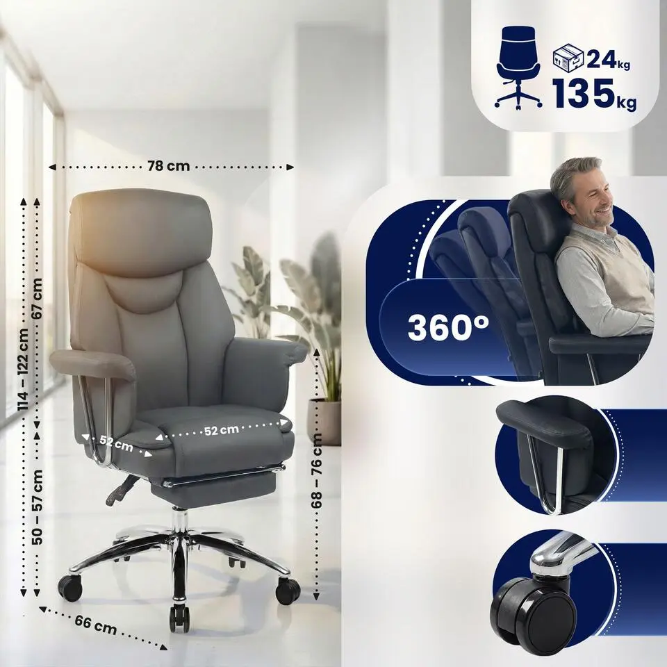 CLP Bureaustoel Dahra chroom Frame - Echt leer - grijs