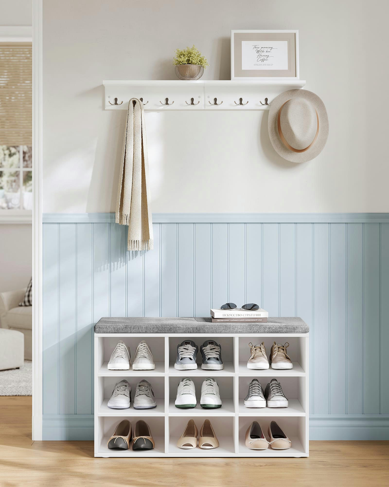 - Banc à chaussures avec coussin et 9 compartiments blanc