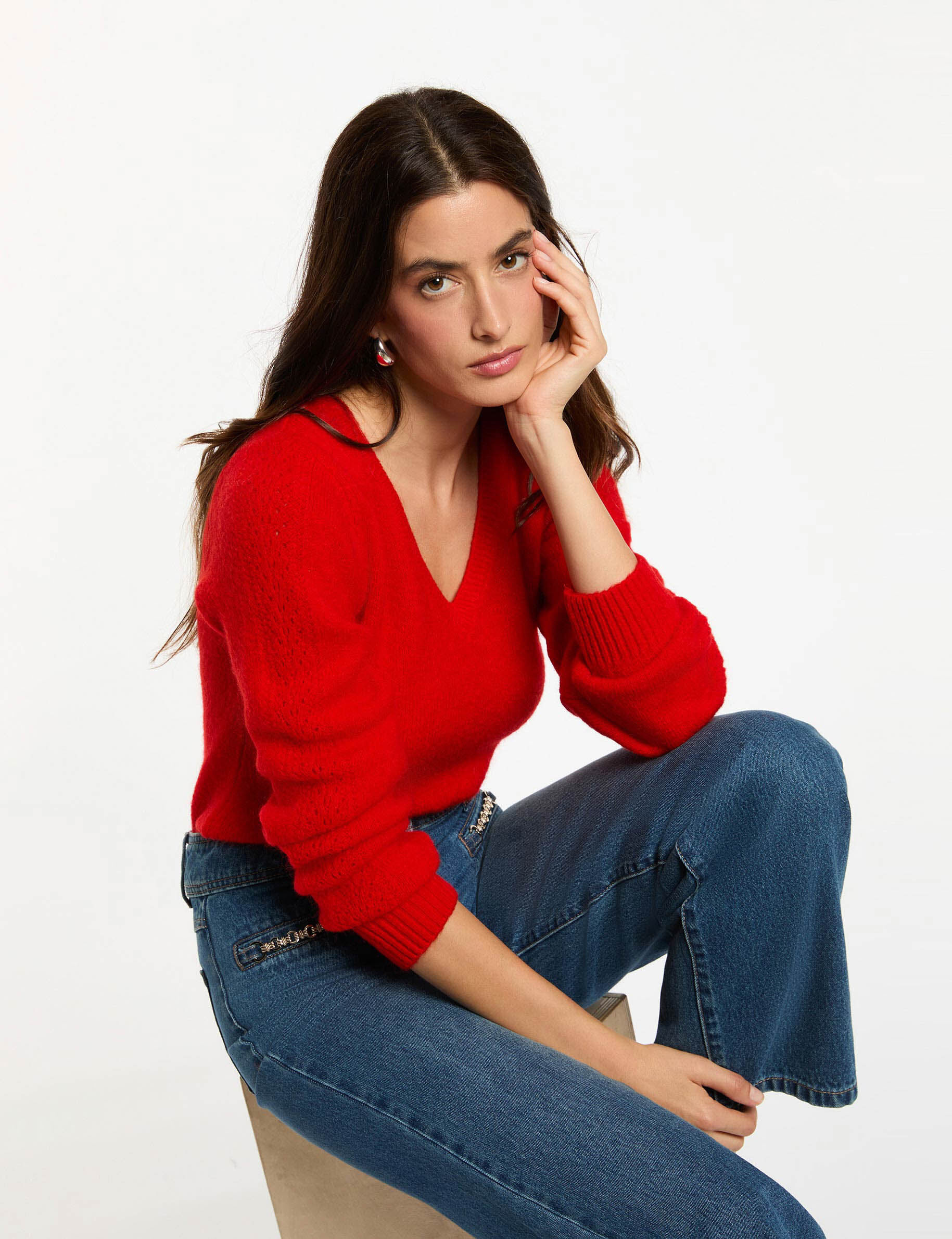 Cropped V-Neck Sweater Red Women