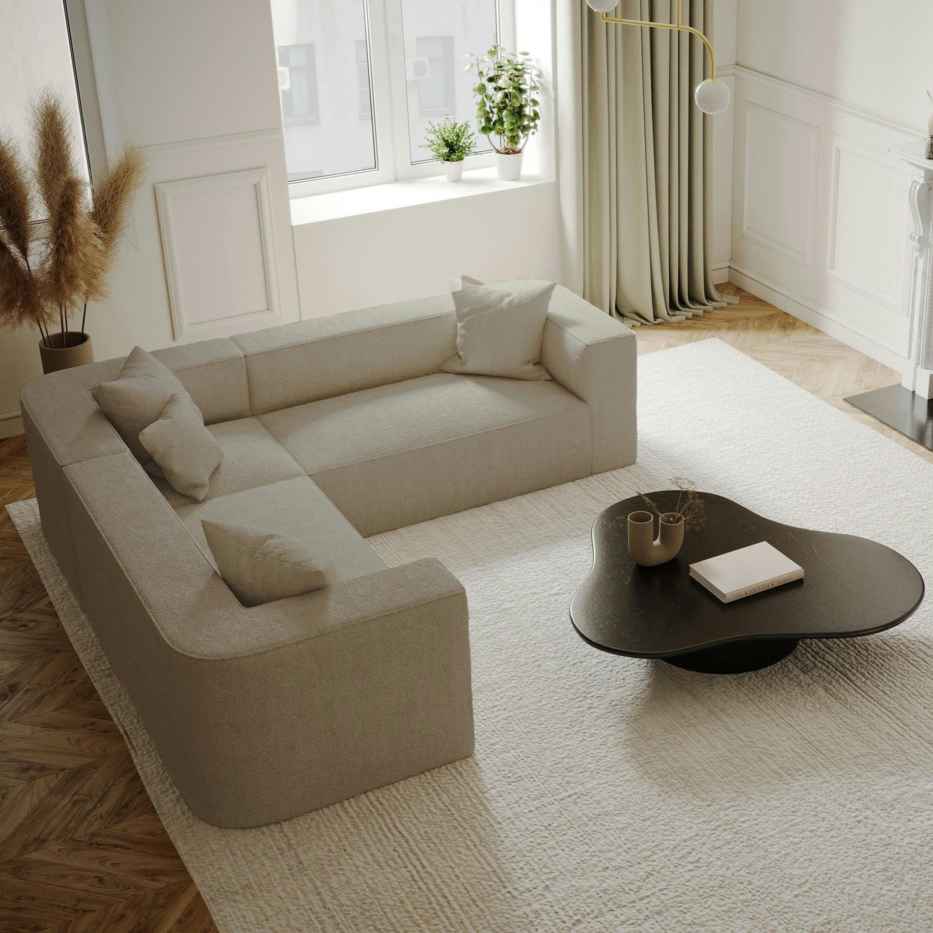 ALMA - Canapé d'angle symétrique tissu bouclette taupe