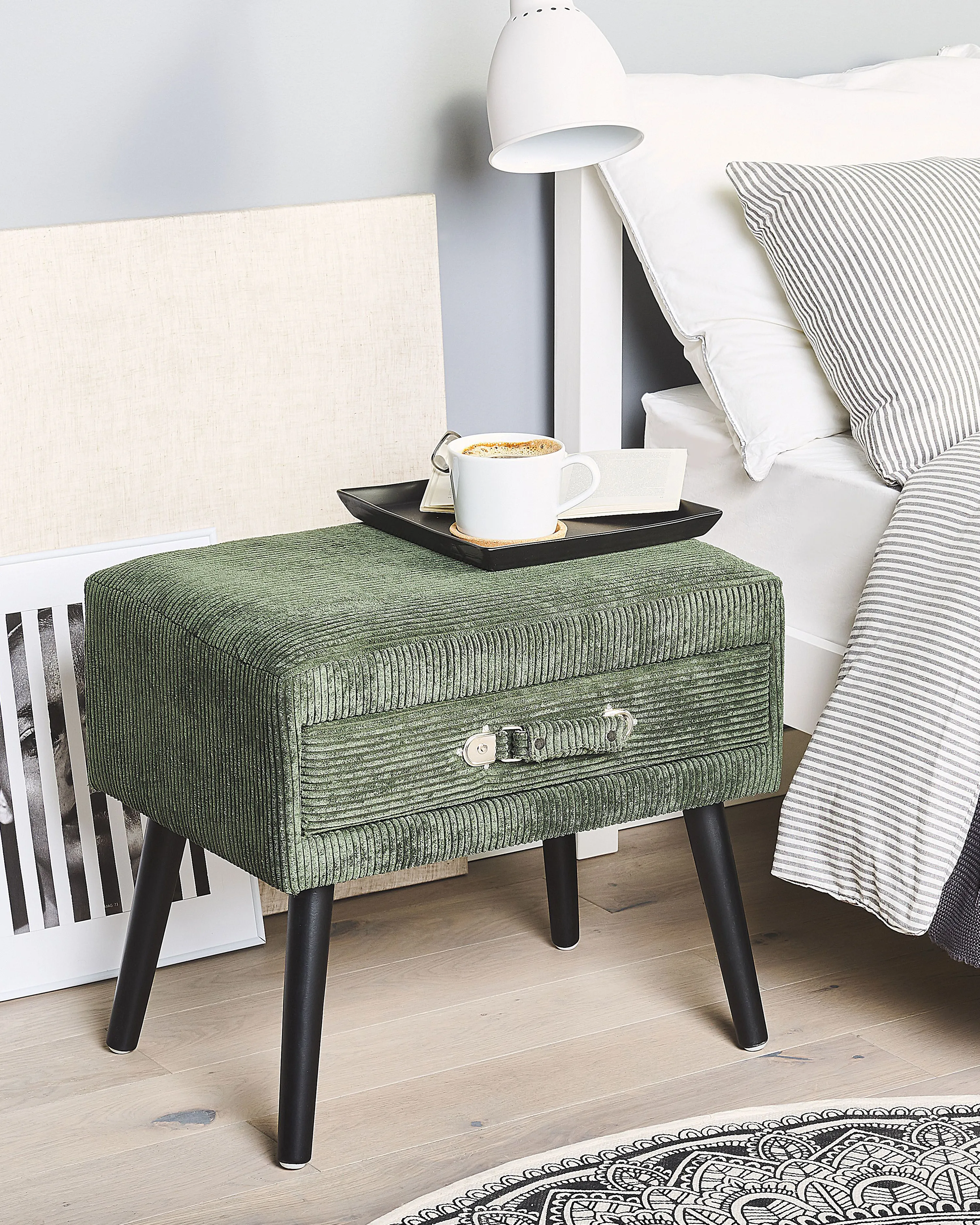 1 Drawer Bedside Table EUROSTAR Corduroy Dark Green