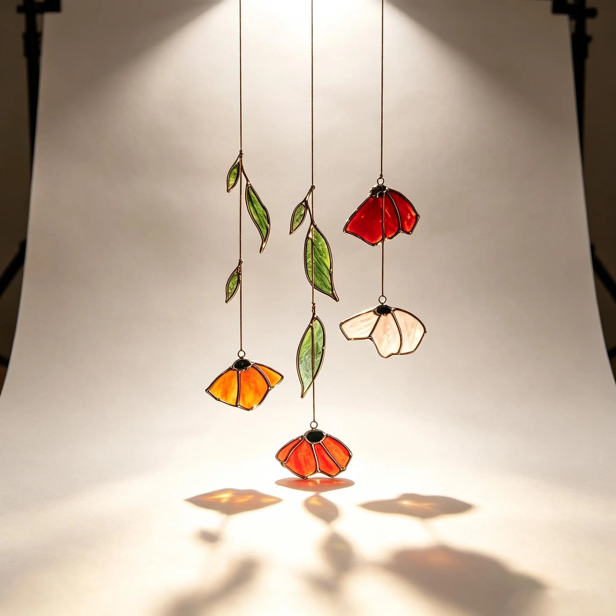 Autumn Poppy Leaf Stained Glass Suncatcher, Handmade Floral Wind Chime Porch Window Decor, Thanksgiving Gift Custom Garden Light Catcher Art