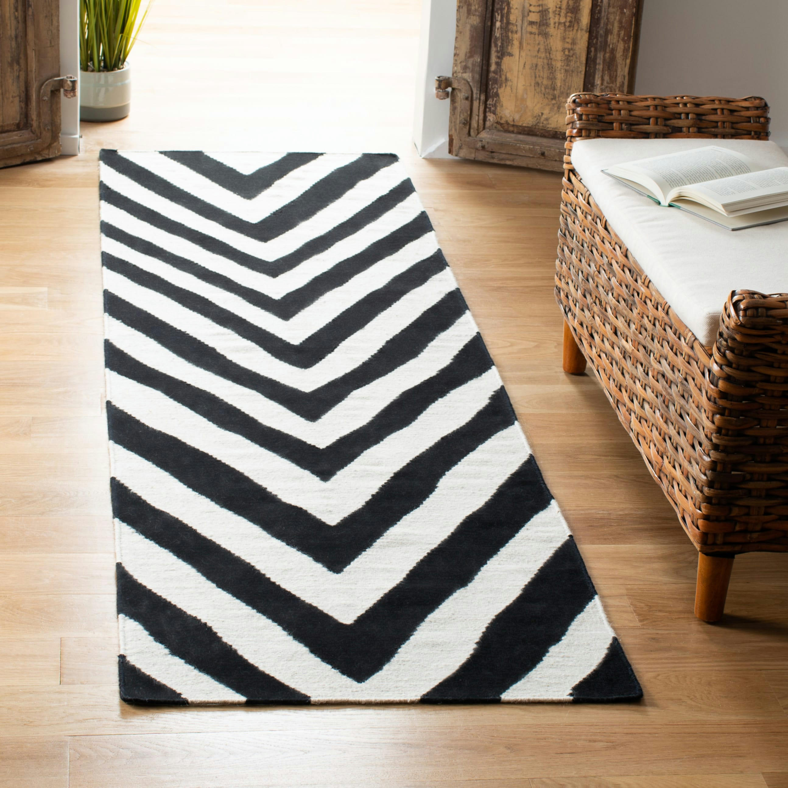DHURRIE - Tapis de salon interieur en noir & ivoire, 76 x 183 cm